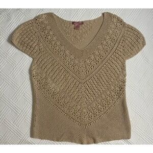 Bandolino Woman's 2X Short Sleeve Sweater Crochet Tan Fall Cotton Normcore Vneck